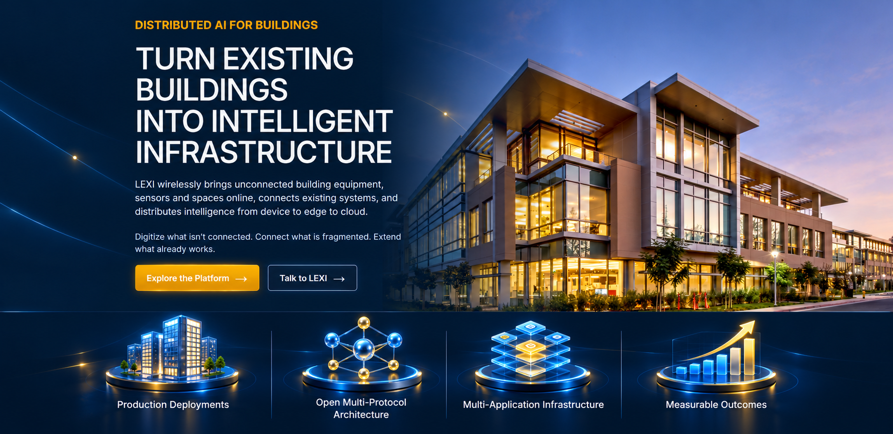 Distributed AI for buildings. Turn existing buildings into intelligent infrastructure. Proof points: production deployments, open multi-protocol architecture, multi-application infrastructure, measurable outcomes.