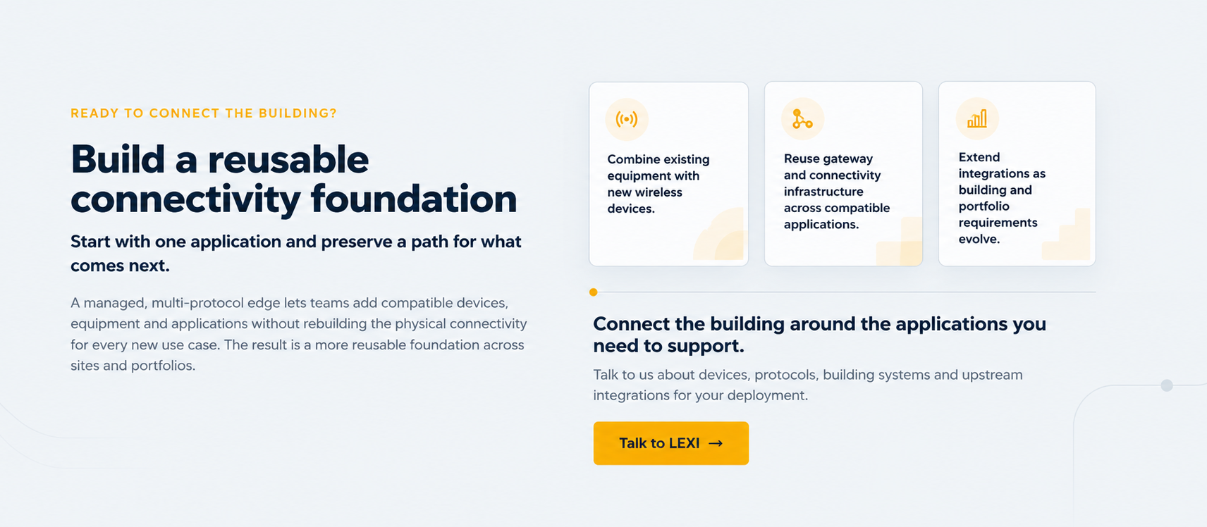 Build a reusable connectivity foundation: combine existing equipment with new wireless devices, reuse gateway and connectivity infrastructure across compatible applications, and extend integrations as requirements evolve.