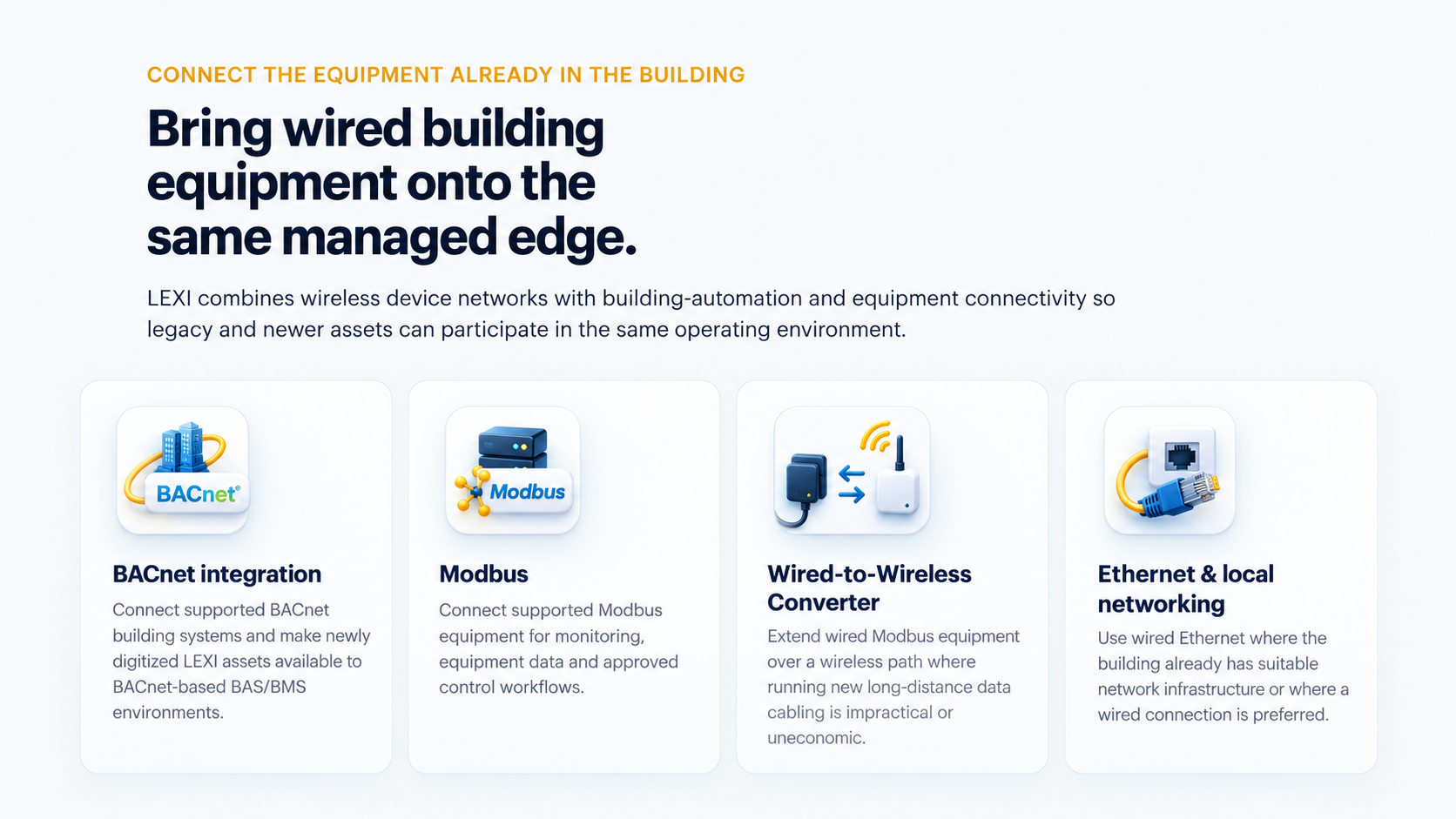 Bring wired building equipment onto the same managed edge: BACnet integration, Modbus, Wired-to-Wireless Converter, and Ethernet and local networking.