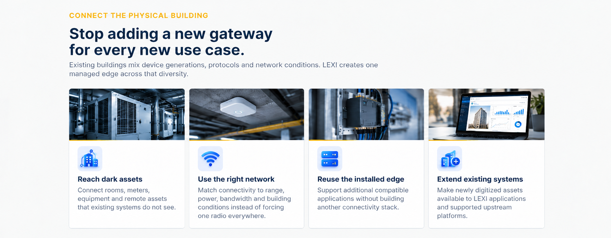 Connect the physical building: stop adding a new gateway for every new use case. Reach dark assets, use the right network, reuse the installed edge, and extend existing systems.